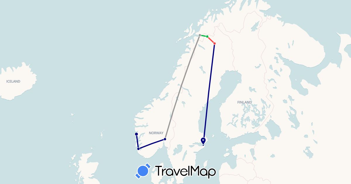 TravelMap itinerary: driving, bus, plane, hiking in Norway, Sweden (Europe)